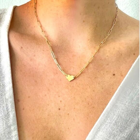 14K Gold Plated Paperclip Chain Heart Pendant Necklace - Picture 2 of 3